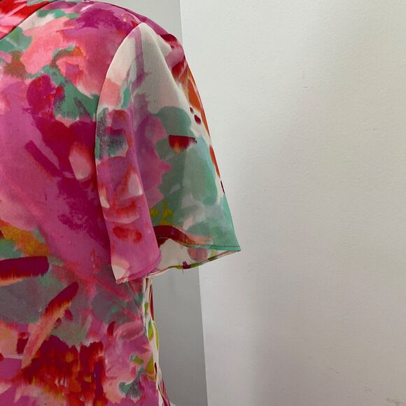 Eliza J Pink and Orange Floral Water Color Short Sleeve Shift Dress Size 6 - Picture 4 of 12